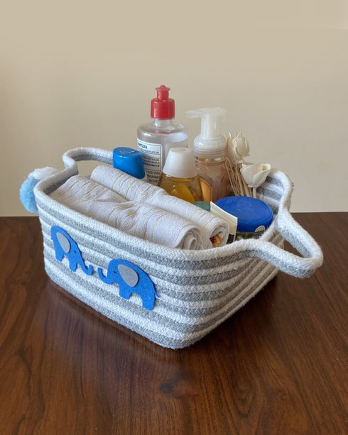 Grey & White Striped Basket - Blue Elephant